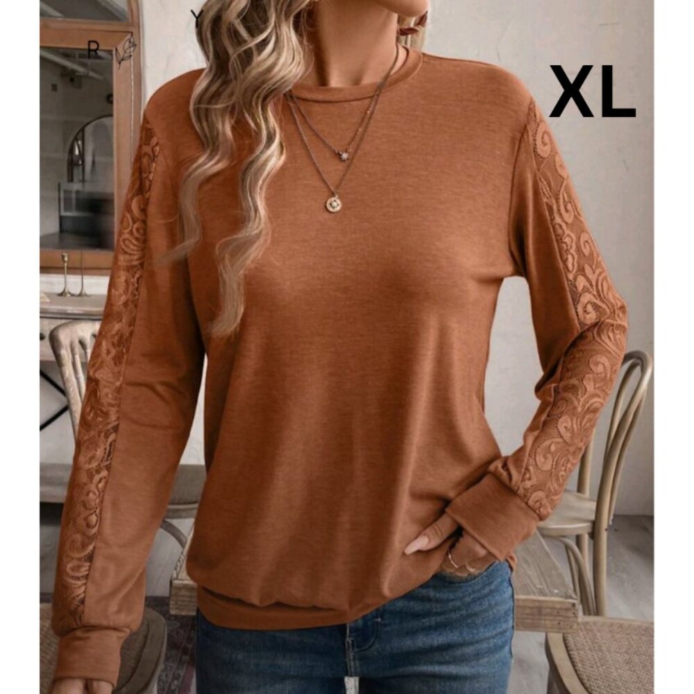 Elegant Brown Long Sleeve Top with Lace Detail